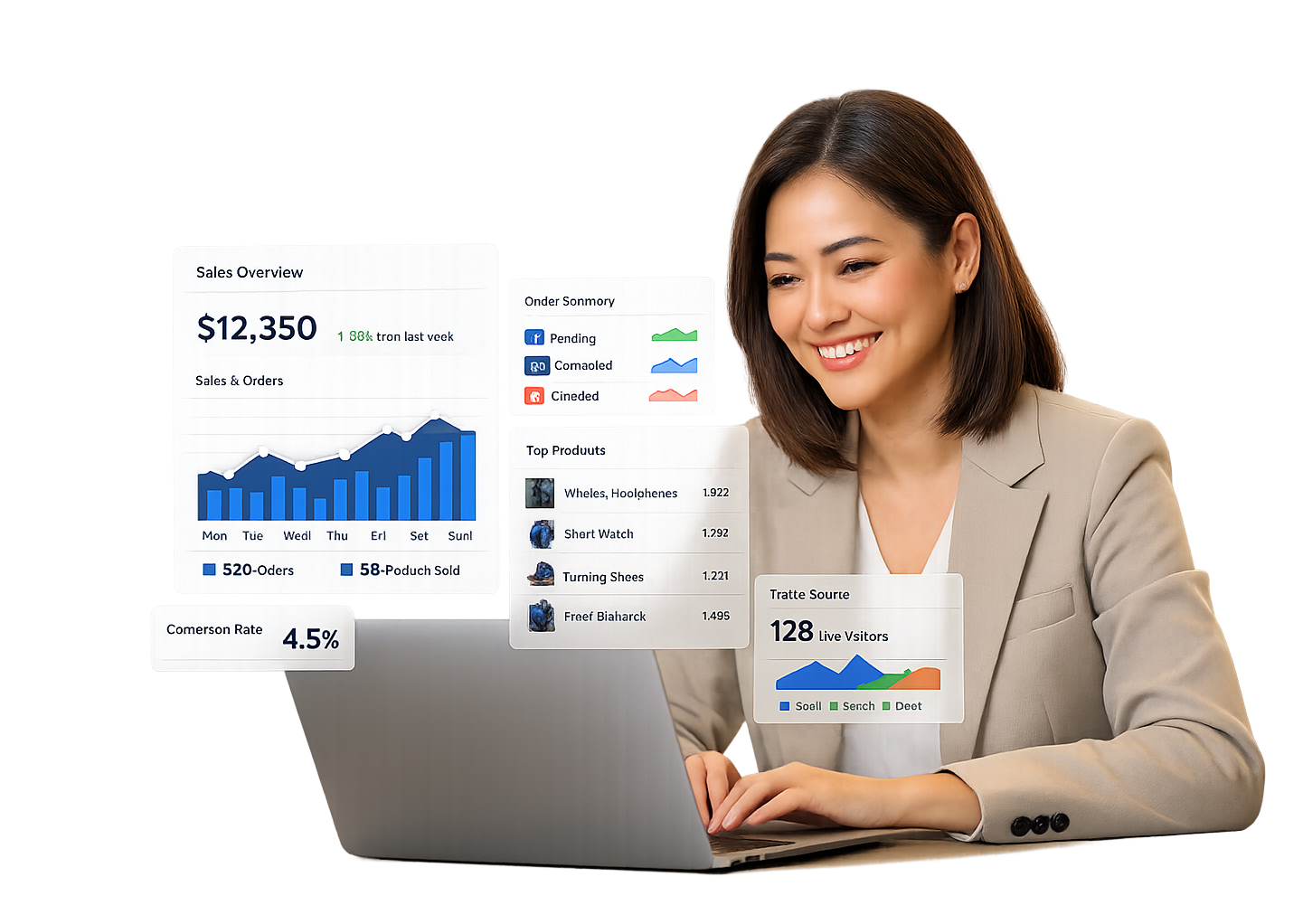 Pemilik bisnis melihat dashboard Commerce dari laptop di meja kerja modern